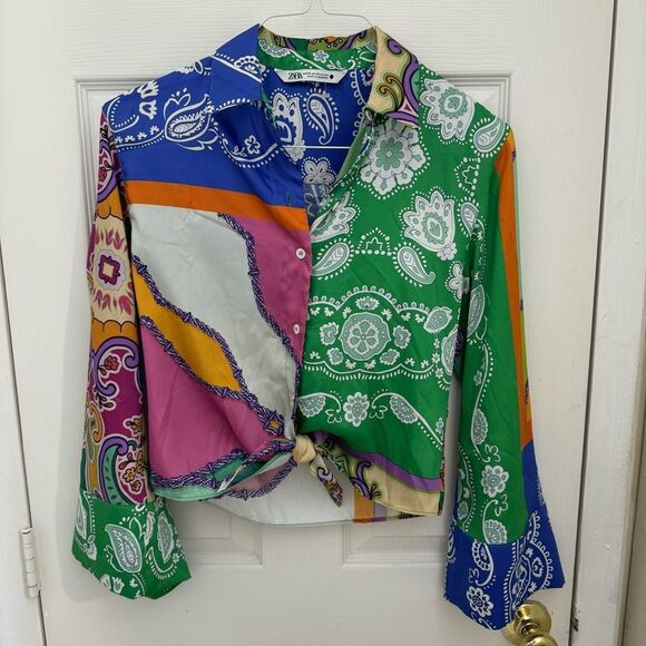 Zara Satin Women’s Tie Front Patterned Blouse Size XS Chain Wide Sleeves - Picture 1 of 5